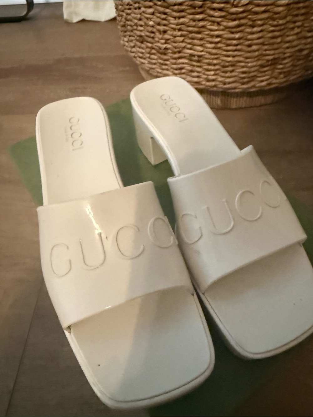 Gucci White Patent Logo Embossed Block Heel Slide Sandals